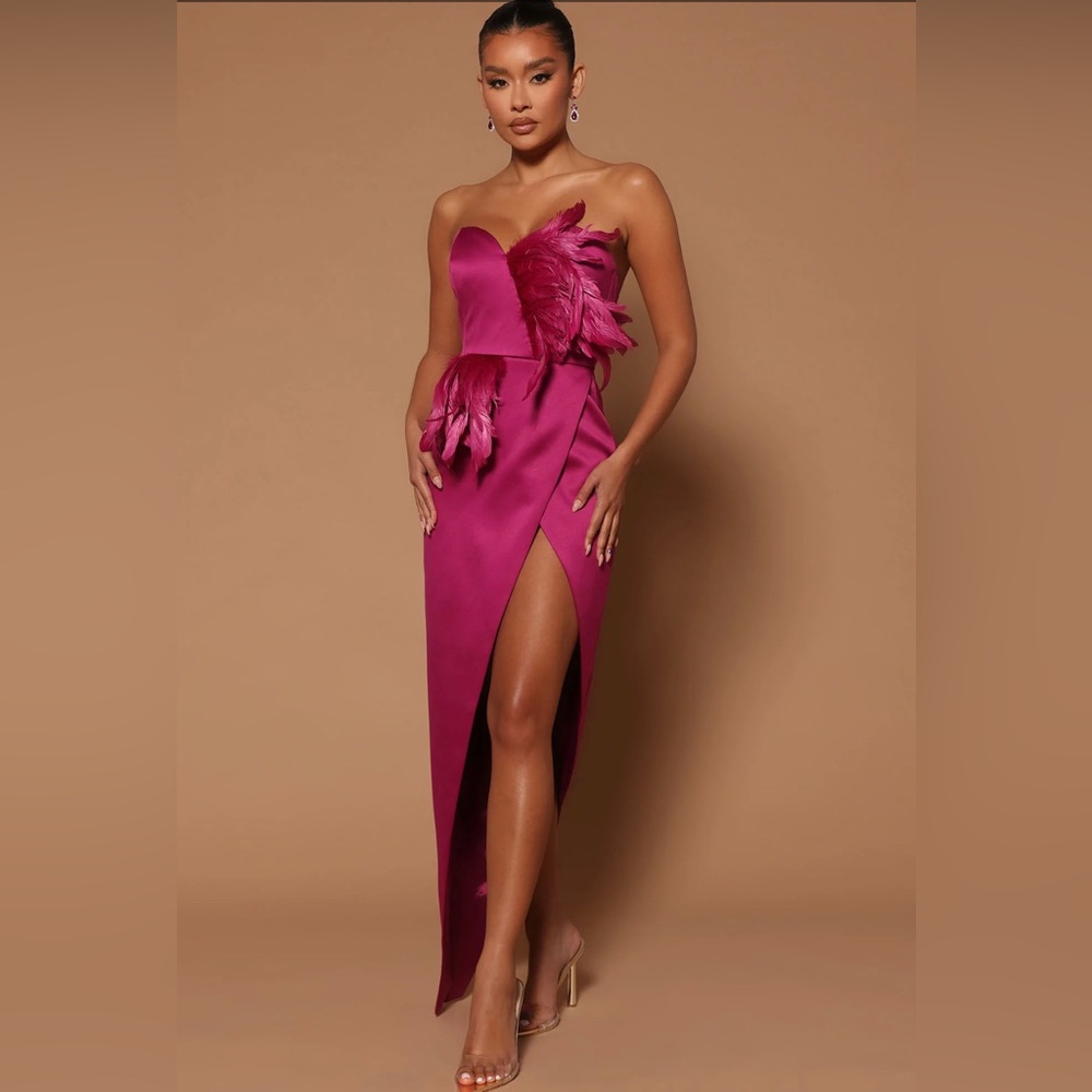Maxi Asymmetrical dress with feather embellishments